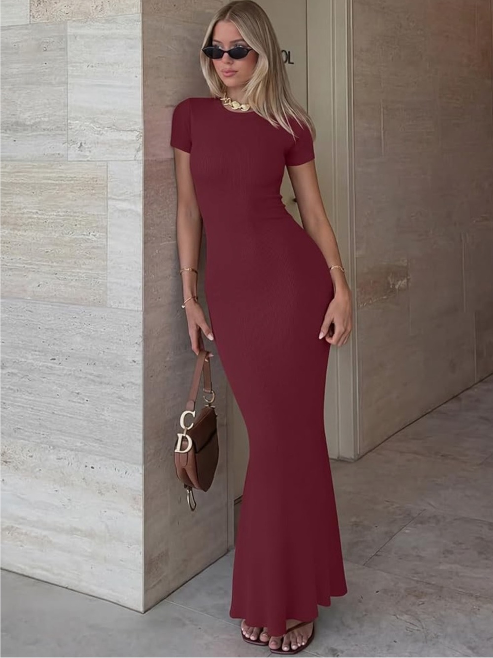 REORIA Basic ribbed Short Sleeve Crew Neck Bodycon Maxi Dresses burgundy XS